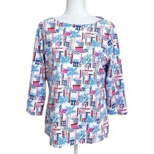 J. McLaughlin Womens Top Blue Red White Print Palm Catalina Cloth 3/4 Sleeve XL